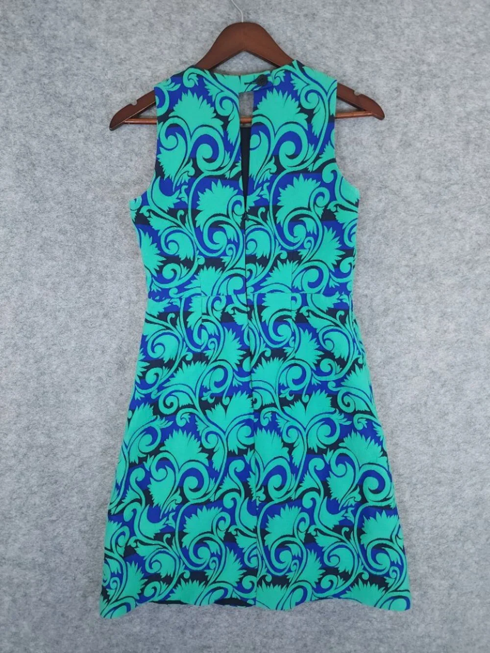 J.Crew Vineyard Jacquard A-Line Dress Size 2 Tall Green Blue Sleeveless Keyhole